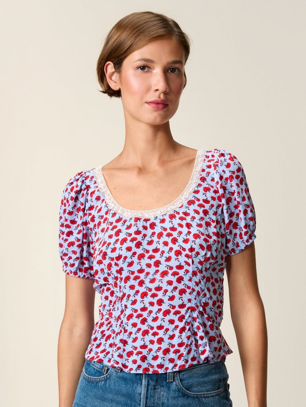NWT Rouje X J. Crew Poet Light Blue Floral Scoop Neck Puff Sleeve Top Women's 6